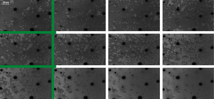 SE images acquired at 2.5 second intervals on base oil sample (having Pour Point = -12 °C), taking the sample from -10 °C to -15° C (15 kV, 200x magnification). The growth and subsequent aggregation of paraffin crystals are observed, visible in light grey.