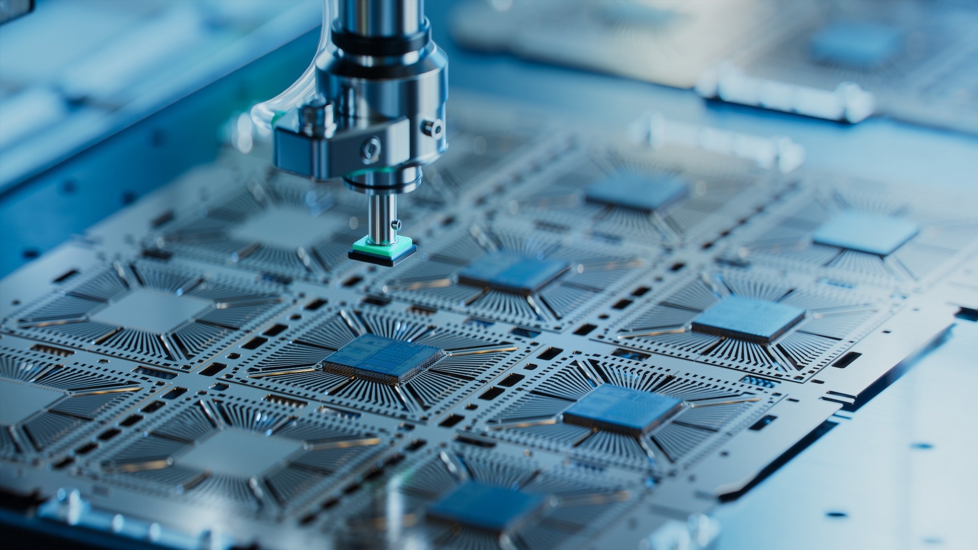 Close-up of Silicon Die are being Extracted from Semiconductor Wafer