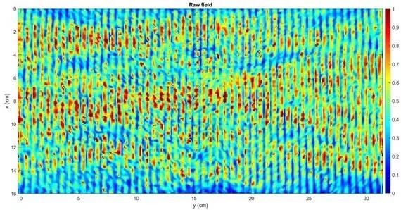 Amplitude of the out-of-plane component of the vibration field measured in an LCD. In the map, the scale has been normalized to the peak value. The uni-axial flexural standing wave pattern is clearly visible