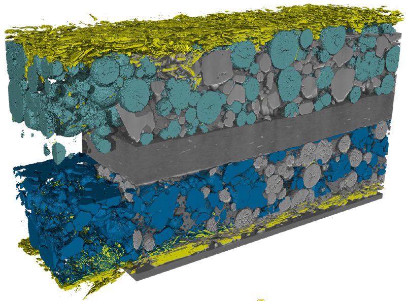 Segmentation of different particle types in a 100 x 100 x 50 um volume of a Li ion battery cathode, acquired using the TESCAN AMBER X.