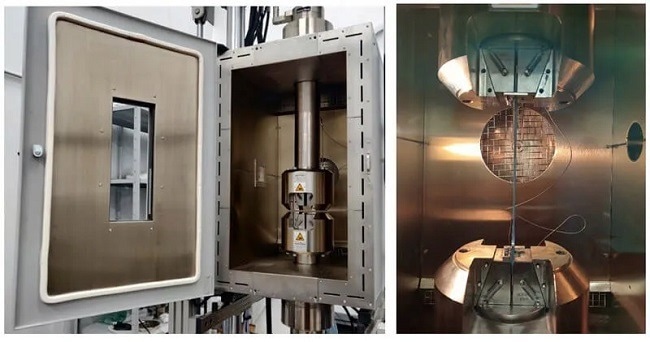 Temperature chamber with a system with clamps for testing traction properties.
