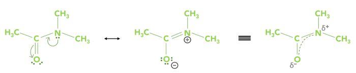 Resonance structures of DMA, the hybridization results in the delocalization of electrons (indicated by the dotted line) between the O–C–N bonds