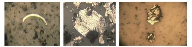 Example images of abnormal abrasion, adhesion, and fatigue wear debris.