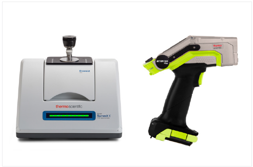 (left) Nicolet Summit X FTIR Spectrometer with a Thermo Scientific™ Everest™ diamond attenuated total reflectance (ATR) accessory; and (right) Niton XL5 Plus Handheld XRF Analyzer.