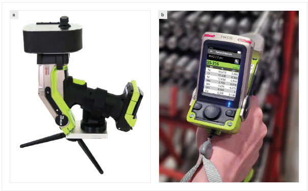 (a) The Niton XL5 Plus Handheld XRF Analyzer with a sample loaded in test stand; (b) Live readout of stainless steel 316 and its elemental composition on the Niton XL5 Plus Analyzer.