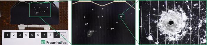 Perforated photovoltaic cell and detailed image of the impact of the microparticles
