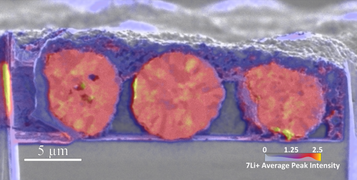 Mixed overlay of 7Li+ and SEM image of cathode particle