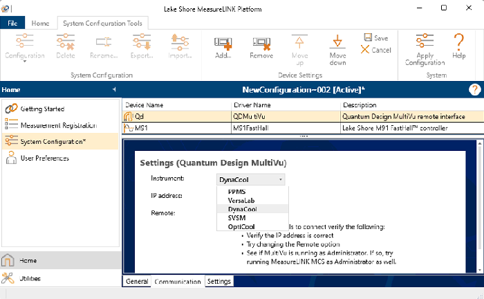 To setup MeasureLINK to use with the OptiCool, make sure the QD MultiVu Application package is installed and then under Home > System Configutation > QDMultiVu > Communications, select OptiCool from the Instrument dropdown