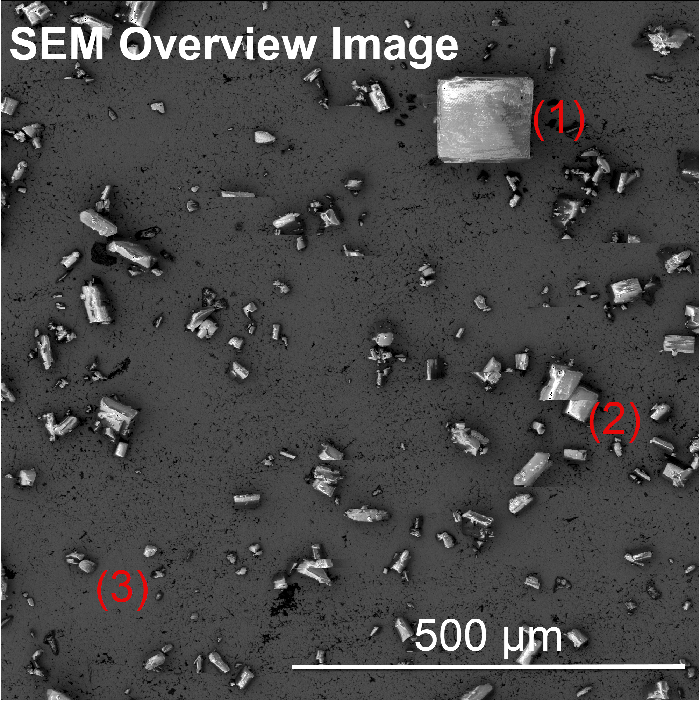 SEM overview image of different Vitamin C particles. Large (1), medium (2), and small (3) particles can be identified