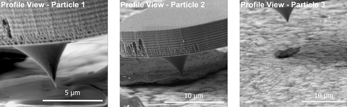 SEM Profile View of the cantilever approaching three different particles