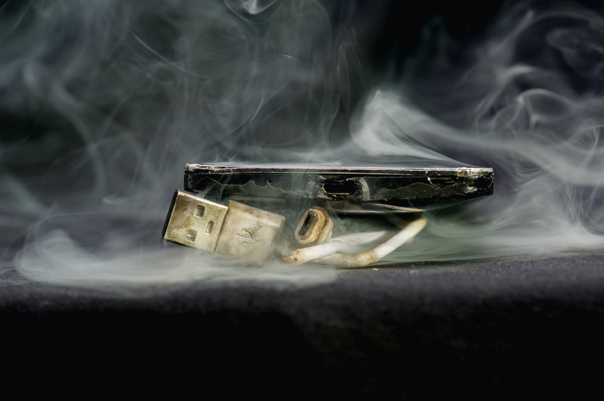 Image depicting a mobile phone that has exploded due to thermal runaway