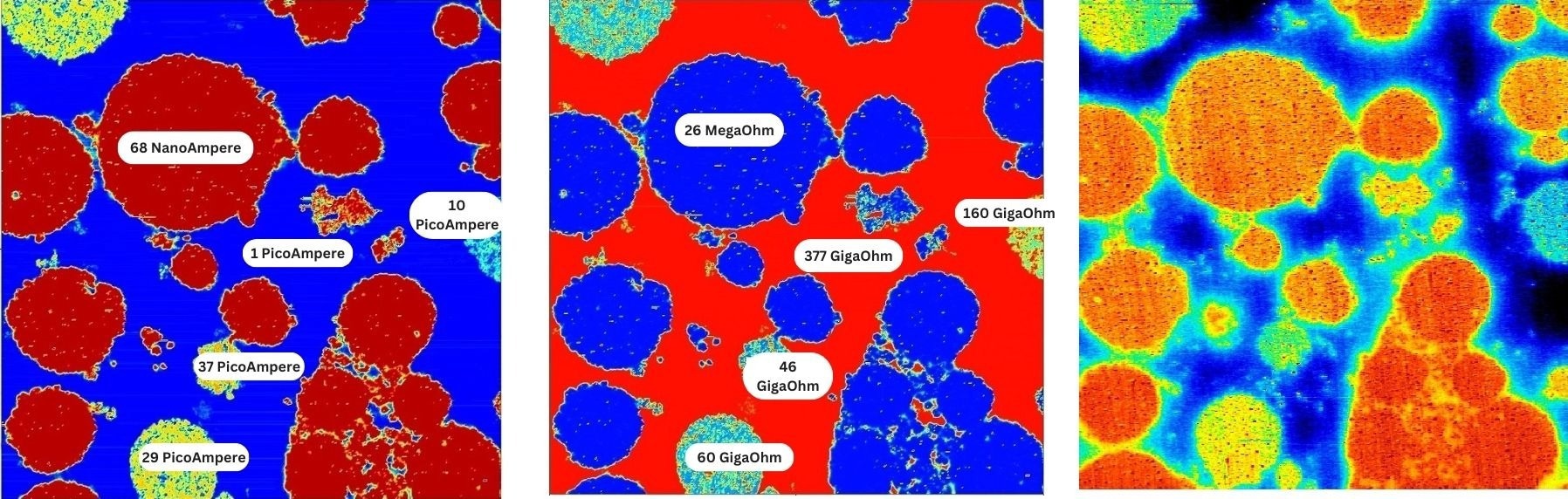 Soft ResiScope™ and HD-KFM surface potential images of the same area on the polymer battery sample (50×50 micron scan size)
