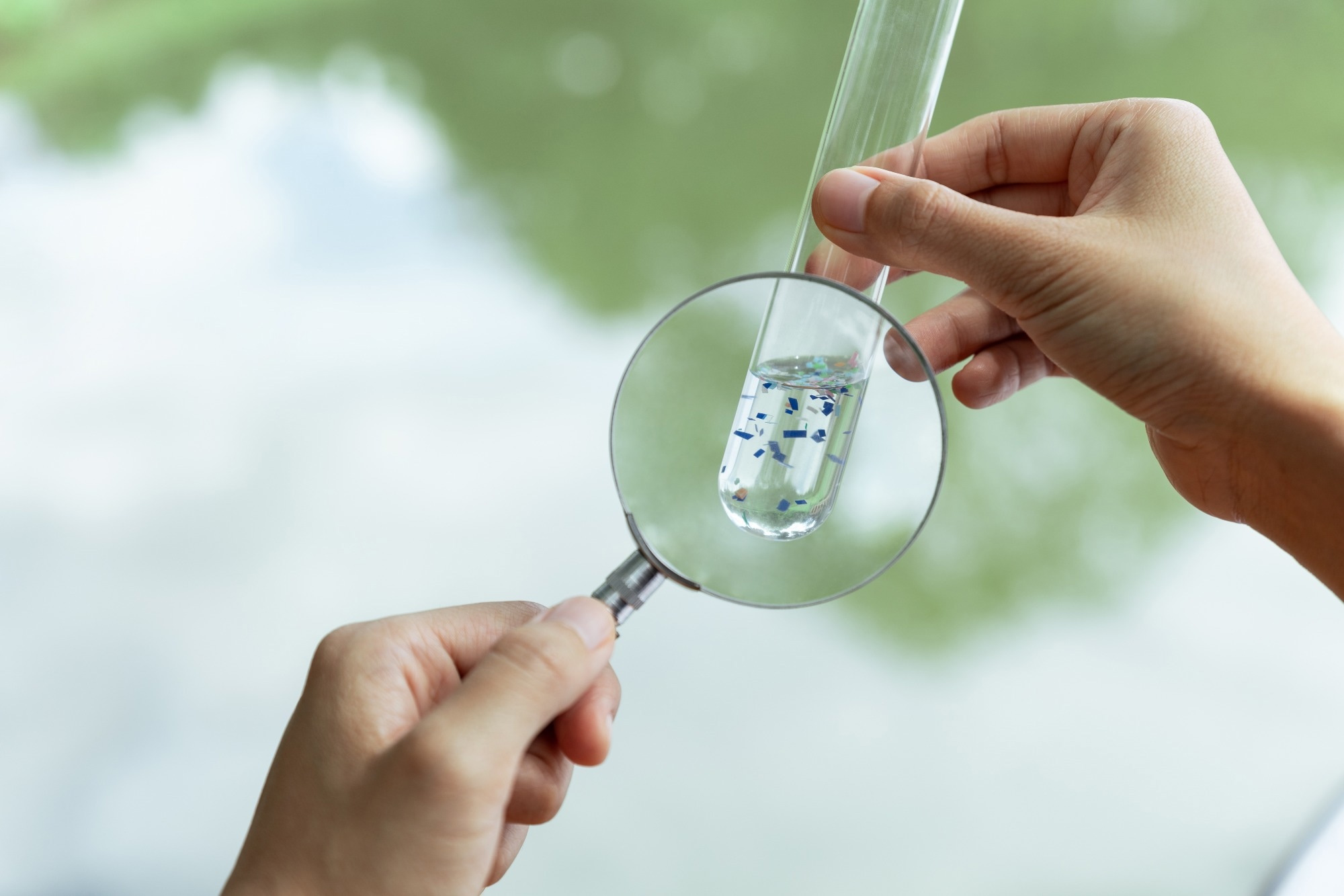 A person holding a test tube containing water with visible microplastics, while examining it with a magnifying glass. The background is blurred, showing natural greenery.