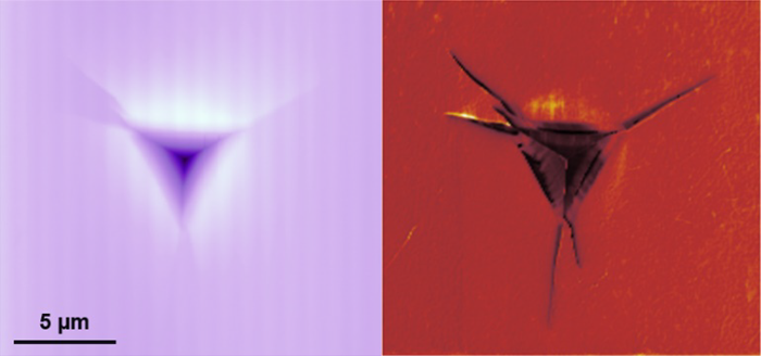 G200 images of a silica indent using a NanoVision stage with the scanning method (left) and the stiffness mapping method (right)