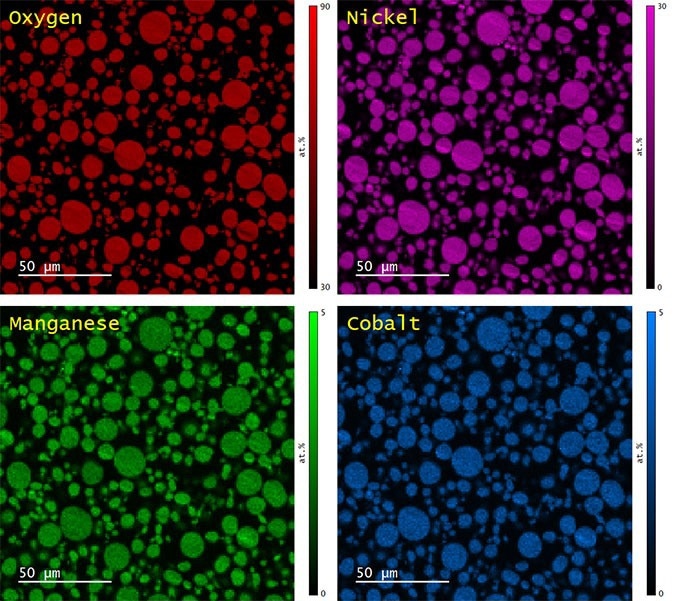Elemental maps of O (red), Ni (magenta), Mn (green), and Co (blue) as determined by quantitative analysis by EDS