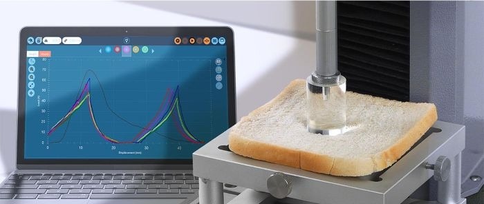 The ideal texture of fresh bread is defined by its softness. Consumers associate freshness with how easily the bread compresses—whether when biting and chewing or simply pressing it by hand while making a sandwich. A universal tester equipped with a compression probe is used to measure this softness by pressing into the bread. The resulting curve shape provides food scientists with data to confirm whether the texture meets the required standard. Key metrics such as peak force and the area under the curve create a comprehensive texture profile, helping differentiate between test batches. This test, known as Texture Profile Analysis (TPA), simulates two chew cycles by applying compression twice, offering valuable insights into the bread’s overall texture