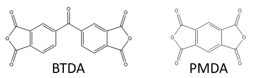 Chemical structures for 3,3’,4,4’-benzophenone tetracarboxylic dianhydride (BTDA) and pyromellitic dianhydride (PMDA)