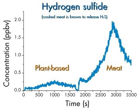 During cooking, hydrogen sulfide (H2S) is emitted primarily by meat-based sausages, while plant-based products show only a low emission of H2S