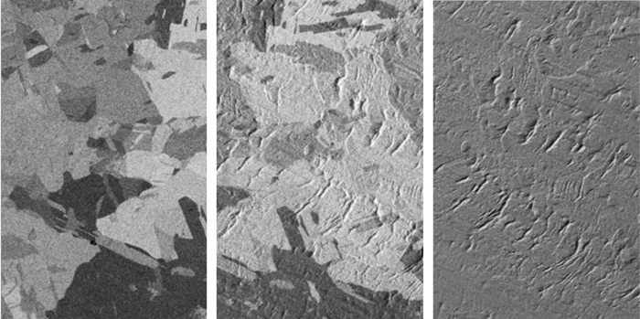 Examples of the different BSE imaging modes can be seen on the example of a rolled and briefly Ar ion beam polished Cu foil. Left: only grain orientation contrast without any topography is seen by the COMPO mode. Middle: by the 3D setup, sample topography (rolling traces) appear overlaid on the grain orientation contrast. Right :Pure topographical information is displayed by the TOPO mode