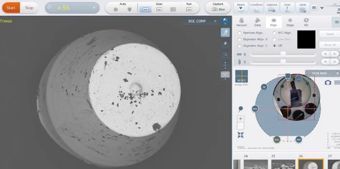 Basic FlexSEM graphical user interface, configured in single-screen mode. The SEM-Map function at the right side shows the colour navigation image, or optionally a second detector signal. At the lower right the thumbnail gallery of already recorded images is shown. Each image recording site can be revisited
