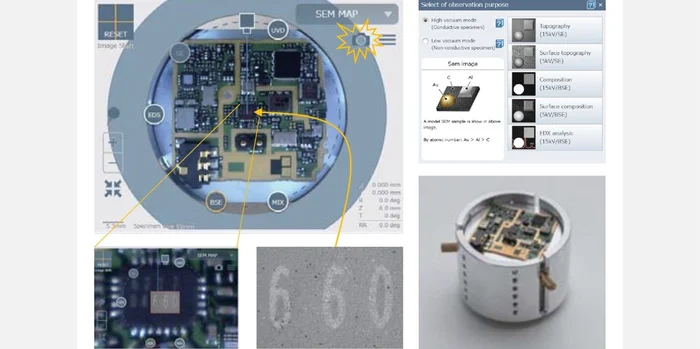 For easy orientation on specimen tables and convenient stage navigation, the FlexSEM incorporates a colour camera at the specimen chamber entrance. This camera acquires a high-resolution colour photo of any specimen loaded and makes this image available in the “SemMap” navigation window