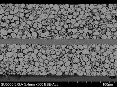 High quality cross section of LiB cathode (NMC) prepared with broad Argon ion milling.