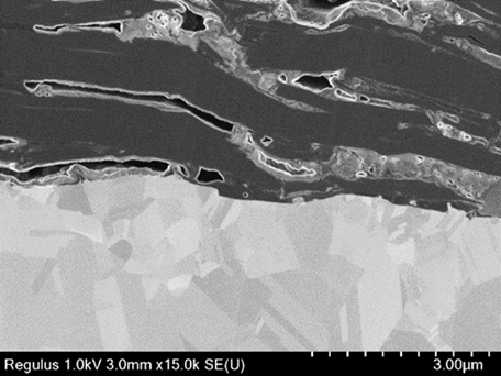 Detail of anode cross section showing adhesion to the Cu foil.