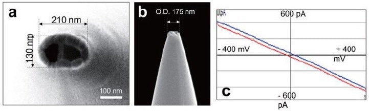 SEM images of the dual barrel probe, a vertical view (a), and a side view (b), which shows the approximate diameter of the probe-tip as 200 nm. The corresponding ohmic response of the dual barrel probe (c) was measured after filling it with 100 mM KCl and applying a potential range of -0.4 V to + 0.4 V. The resulting resistance was determined to be approximately 1 GO