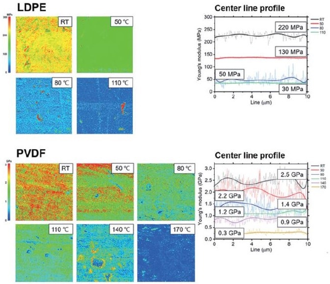 Young’s modulus images and center line profiles at different temperatures. Young