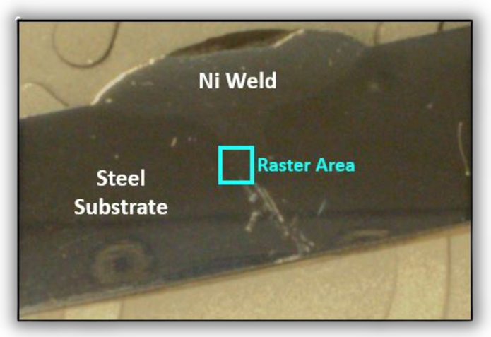 Image of the welded sample taken by the Massbox’s macrocamera. The blue rectangle shows the raster area of analysis