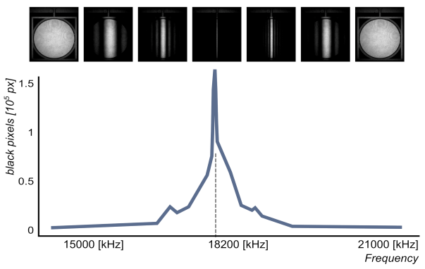 Intensity frequency scan. The frequency scanning step has been set to 200. This value sets the frequency resolution. Minimum steps are 0.1 Hz
