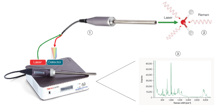 1 Laser light directed at sample. 2 Small portion of scattered light, Raman effect, returns through collection fiber to the detector. 3 System displays the Raman spectrum of the sample which is unique for every molecule (molecular fingerprint)
