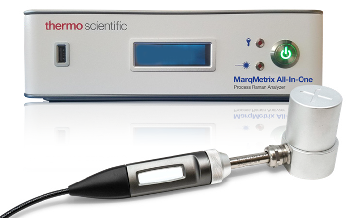 MarqMetrix All-In-One Process Raman Analyzer with a Thermo Scientific™ MarqMetrix™ Proximal Probe Sampling Optic and vial holder accessory for laboratory measurement