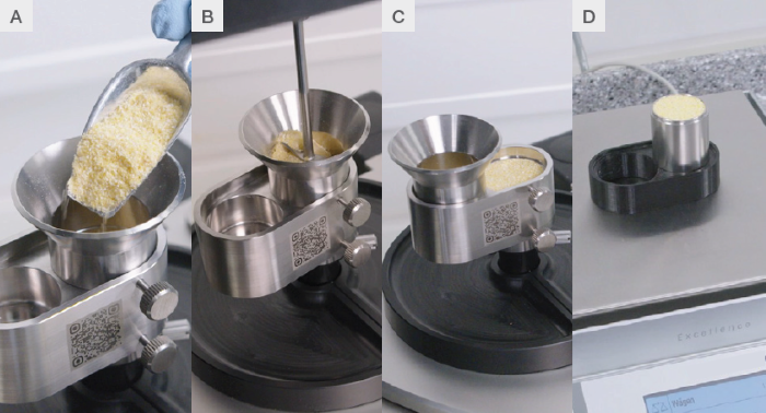 Images at various stages from the sample loading and conditioning procedure for powder flow tests