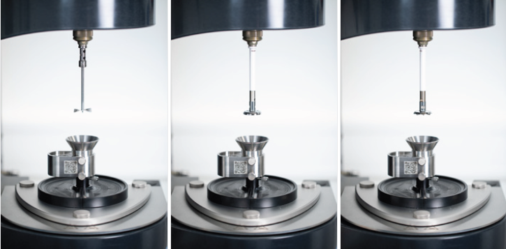 Overview of powder rheology measuring geometries powder vane rotor (left), porous piston (middle), and powder shear rotor (right), needed to perform powder shear tests
