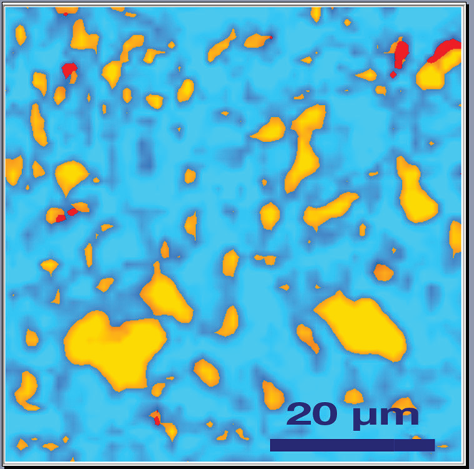 Raman image LiCoO2 cathode after a cycling process, the presence of CoO2 was detected: blue colour corresponds to the presence of amorphous carbon, orange spots shows the distribution of LiCoO2, and red spots corresponds to different concentrations of CoO2.