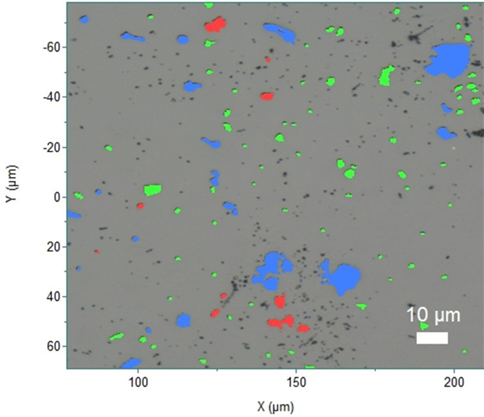 Optical image of the glass slide where ParticleFinder detected the particles and colored them with the color of the associated spectrum