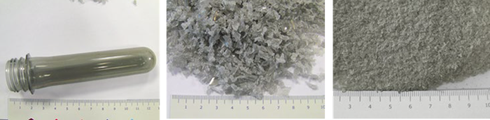 Pre-crushing and fine grinding of PET preforms using full speed of 3,000 rpm to overcome blockages and using a cyclone unit to effectively transport the material into the receptacle. For crushing, a 6-disc rotor was used. For Pre-crushing a 6 mm bottom sieve was applied and in the second step for fine grinding a 1 mm bottom sieve . For a sample of 5 preforms, each crushing step takes 20 seconds