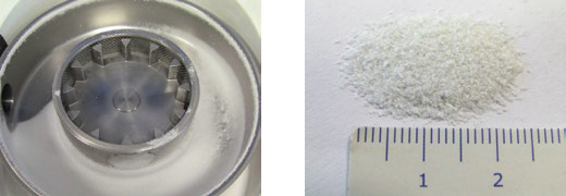Fine grinding of polymers with the ZM 300 using a cyclone. The ZM 300 is a high-speed rotor mill with a rotational speed of up to 23,000 rpm . In this example, a few grams of pre-cooled LDPE sample material is ground at 20,000 rpm using a 12-tooth rotor and a 1 mm distance sieve, applying shear and cutting forces for size reduction