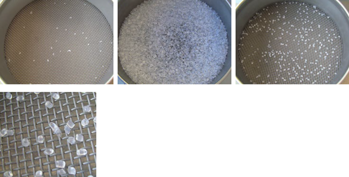 Sieving of polyamide granulate using AS 200 control, three sieves and a collecting pan to determine the proportion of granules larger than 3 mm or smaller than 2 mm. The sieving was performed at an amplitude of 1.3 mm for a total of 5 minutes, using 10 second intervals