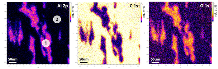 Quantitative FoV2 (450 µm<sup>2</sup>) XPS images showing aluminium, carbon and oxygen distribution. Brighter colours indicate higher concentration