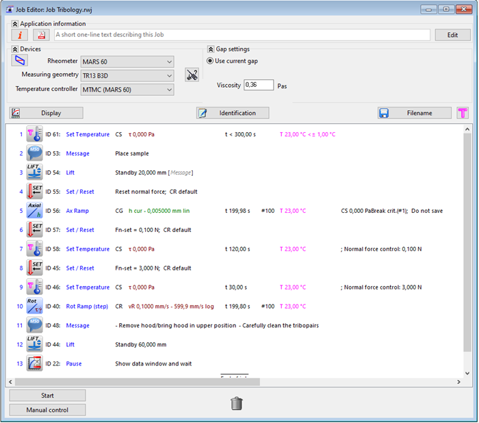 Measurement routine in HAAKE RheoWin Software for tribological measurements