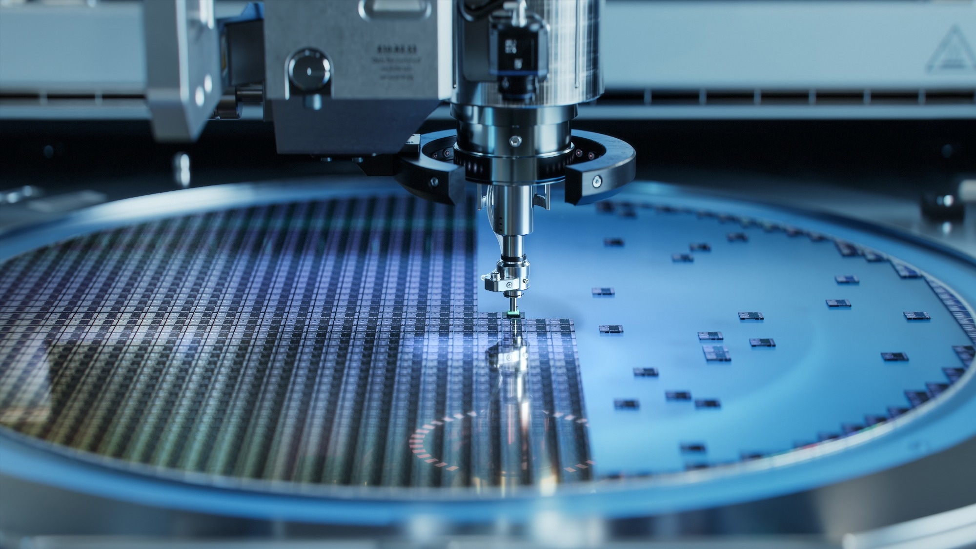 Computer Chip Manufacturing. Semiconductor Wafer after Dicing Process. Silicon Dies are Being Extracted by Pick and Place Machine. Packaging Process.