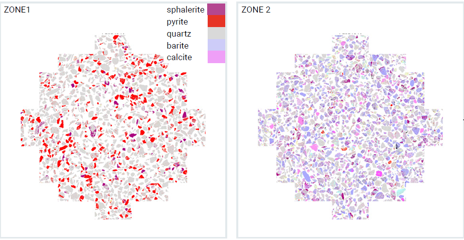 Zn ore particle maps prepared from 15 m interval of crushed core. Maps are 25 mm in diameter. LEFT: Zone 1. RIGHT: Zone 2.