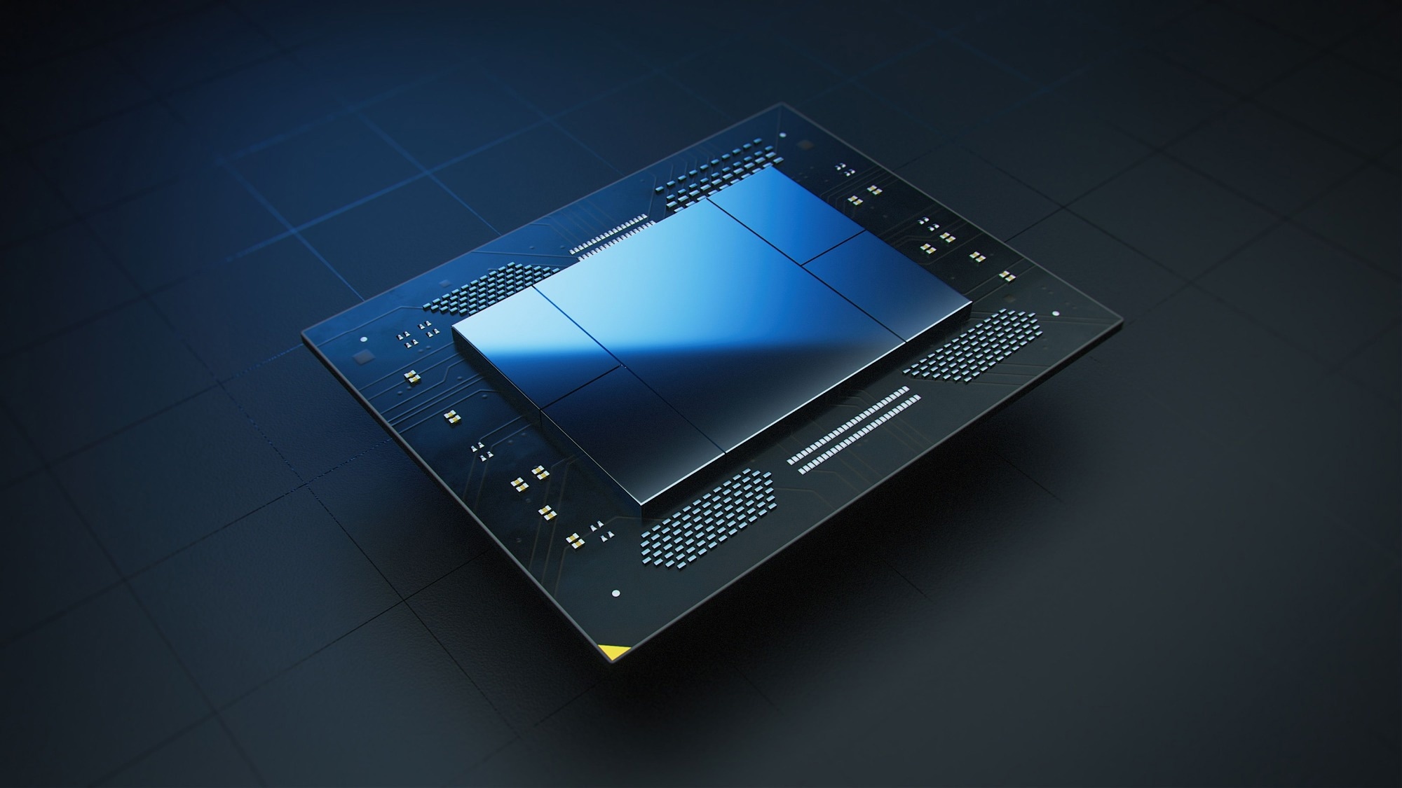 Computer processing chip against a dark background.