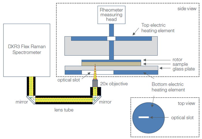 Schematic diagram of the Rheo-Raman system (showing side and top views of the rheometer sample stage). The DXR3 Flex Raman Spectrometer is free-space coupled to the HAAKE MARS Rheometer using plane mirrors that direct light into a 20x long, working distance objective. The objective focuses the incoming laser (green dashed line) and collects the back-scattered Raman light (yellow) coming into and out of the sample (which sits atop the rheometer stage). The optical path from the spectrometer to the rheometer is enclosed in lens tubes (black). The optical slot in the bottom heating plate permits passage of the laser beam and scattered Raman light