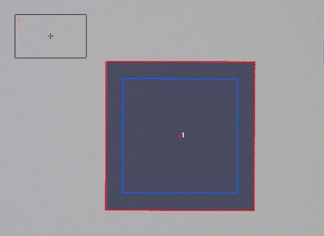 Top-down True Color image of a square hole, where the software automatically defines the feature edges in red. The hole depth is calculated as the difference between the reference z height (gray box at upper left) and the bottom surface z height (blue box at center)