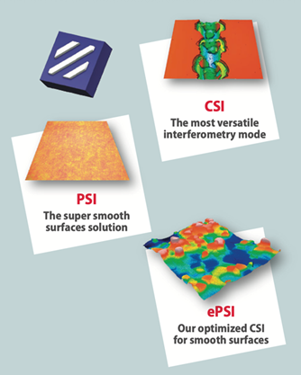 PSI, ePSI, CSI. Description: Topographies of the same surface measured with interferometry techniques: PSI, ePSI and CSI.