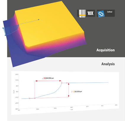 Dieadhesion, description: Topography of a die-attach adhesive layer, highlighting thickness and spread uniformity for reliable semiconductor bonding