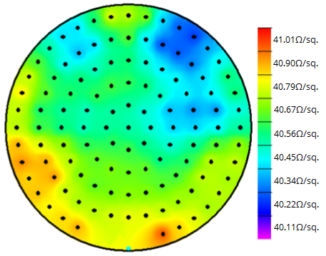 Sheet resistance map of an As-doped substrate; this high density, high uniformity contour map provides a quality check on the deposition process, where the required uniformity is < 0.5 %. The accuracy and repeatability of the R54 delivers the performance required for monitoring the sensitive doping process